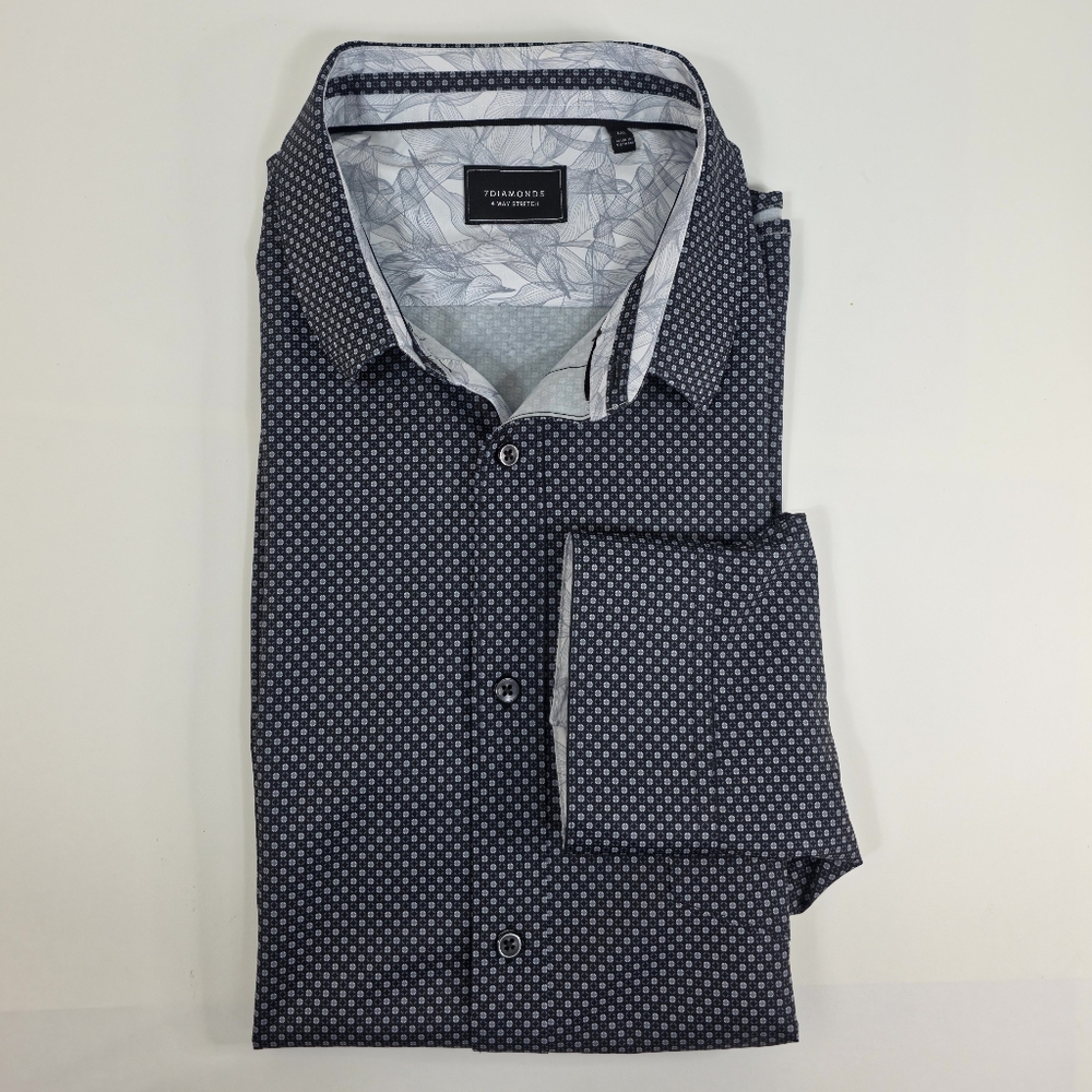 7 Diamonds Liberty Shirt XXL Black Navy Dot Print 4 Way Stretch Button Front
